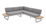 Eck-Lounge Vittoria bestehend aus einem Aluminiumgestell in grau, Seitentischen/Ablagen aus Teakholz und grau bezogenen Kissenauflagen