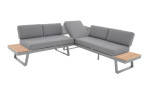Eck-Lounge Vittoria bestehend aus einem Aluminiumgestell in grau, Seitentischen/Ablagen aus Teakholz und grau bezogenen Kissenauflagen, Funktion