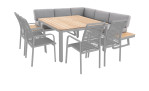 Eck-Lounge Vittoria bestehend aus einem Aluminiumgestell in grau, Seitentischen/Ablagen aus Teakholz und grau bezogenen Kissenauflagen, mit passendem Tisch und Stülen der Serie