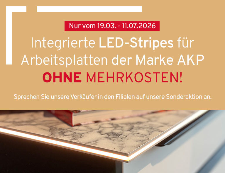 Integrierte LED-Beleuchtung für Arbeitsplatten der Marke AKP ohne Mehrkosten