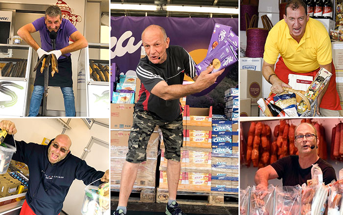 Eine Fotocollage mit mehreren männlichen Marktschreieren, die ihre Waren anbieten.