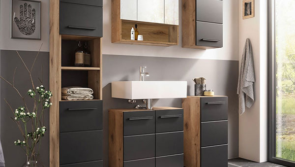 Industriestil Badserie Viona mit matt schwarzen Fronten und Korpus in Holzoptik