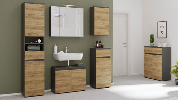 Natürliche Badserie vito Mayor mit Fronten aus Navarra-Eiche Nachbildung und Korpus in der Farbe Graphit