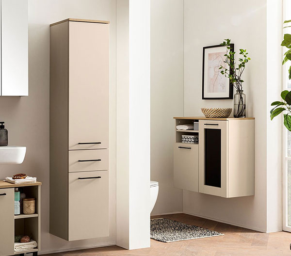 Badschränke Djerba in der Farbe Kaschmir mit Holzplatte und schwarzen Griffen und Füßen