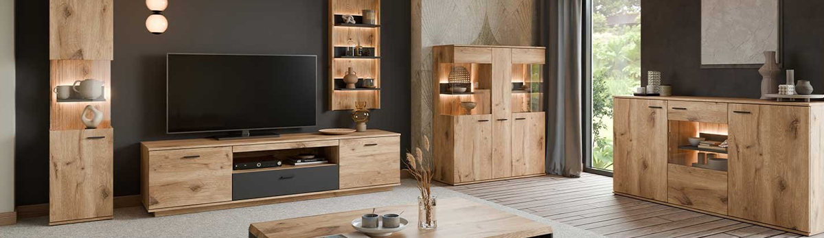 Serie Pamela mit rustikalen Holzmöbeln, schwarzer TV-Wand, beleuchteten Vitrinen, Sideboard