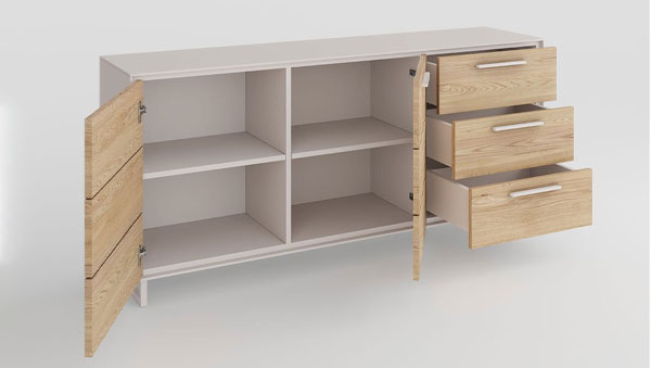 Sideboard Kaya geöffnet mit zwei Türen, drei Schubladen und mehreren Innenfächern; Fronten in Holzoptik, Korpus in Weiß