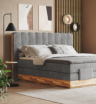 MONDO Natur Boxspringbett Incana aus geölter Eiche und grauem Bezug