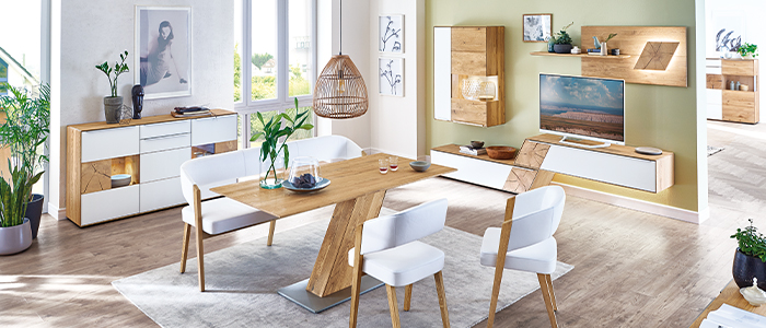 Wohnzimmer Mondo Natur Serie Talvera mit Esstisch, Higboard und Wohnwand