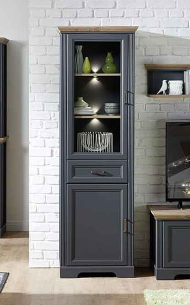 Vitrine Jena im Landhausstil, Graphit mit Absetzungen in Artisan Eiche