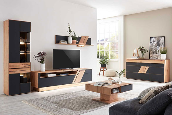 Moderne Wohnwand MONDO NATUR Talvera mit anthraziten Fronten und Absetzungen in Asteiche