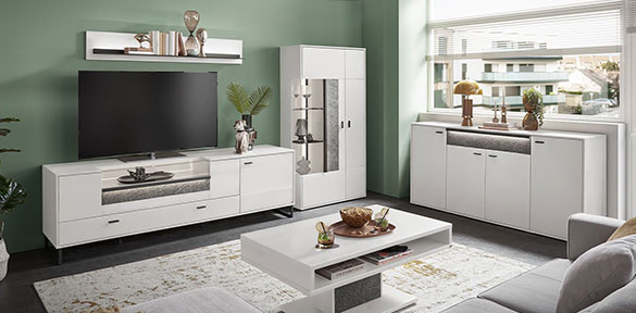 Wohnwand set one Deltona mit weißen Fronten und schwarzen Griffen